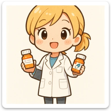 A chibi style young female pharmacist with blonde hair, wearing a white coat, holding a clipboard and a pill bottle, with a bright and friendly expression, full body, cute and colorful illustration. sticker