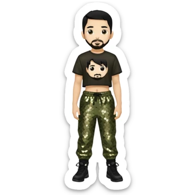 Mike Shinoda with black hair, black sequin crop top, olive sequin baggy pants sticker