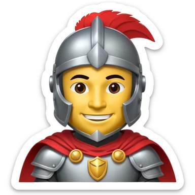 A friendly Trojan warrior mascot with a large cartoon-style head, wearing a silver helmet with a red crest and black cheek guards.  confident smile. The character wears dark armor with metallic details and a bright yellow cape.  sticker