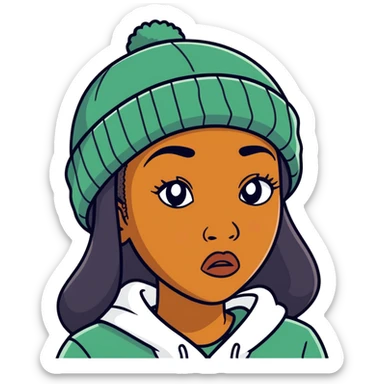 Black woman with the confused but yet disgusted look with a beanie hat sticker