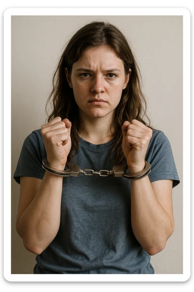 realistic illustration of a girl who is handcuffed, looking defiant, neutral background sticker
