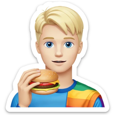 Young blonde man with white skin and blue eyes from LGBT community eating McDonald's hamburger, pride flag colors sticker