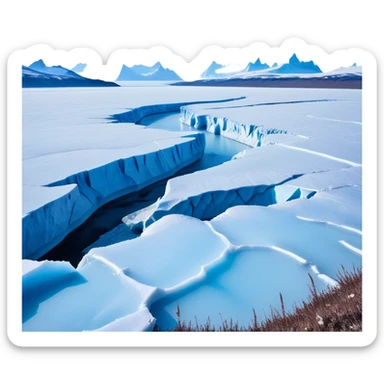Cinematic Realistic Tundra with Glaciers Emoji in a wooden frame, Vast and frozen, with endless expanses of snow-covered ground interrupted by massive glaciers creeping across the landscape. Jagged ice formations rise in the distance, their icy blue tones contrasting with the pale, frosty sky above. Sparse grasses and hardy shrubs cling to the frozen earth, fighting against the relentless cold. The light reflects off the snow and glaciers, casting a soft glow across the desolate yet majestic terrain. Soft glowing outline, capturing the essence of a serene, stark wilderness where glaciers dominate and life endures in the harshest conditions. sticker