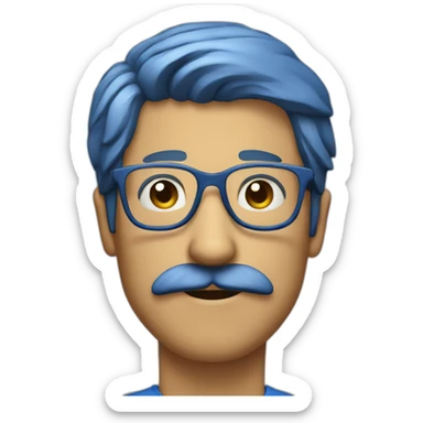 man He has a mustache Wearing glasses His hair is short His clothes are blue  sticker