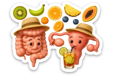 EMOJI STILE IPHONE DI INTESTINO E UTERO UMANI REALISTICI CON CAPPELLO DI PAGLIA DA SPIAGGIA CHE BEVE UN Tè FREDDO IN BICCHIERE DI VETRO CON DENTRO  fette di cetriolo, limone, lime, DIETRO L'INTESTINO FLUTTUANO PEZZETTI DI Kiwi
Banana acerba
Arance e mandarini
Mirtilli
Ananas
Papaya
IPERREALISTICO 4K sticker