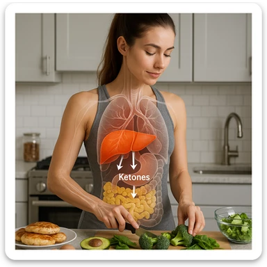 slim woman in 4K in kitchen preparing ketogenic meal, anatomical overlay showing fat metabolism and ketone production in the liver sticker