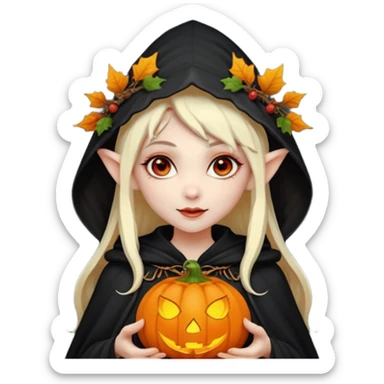 female elf vampire emoji, pale skin, red eyes, elegant face, autumn leaf and pumpkin wreath on head, black hooded cloak with cobweb details, holding small glowing pumpkin lantern, Halloween fantasy theme, Apple emoji style, clean white background, square sticker