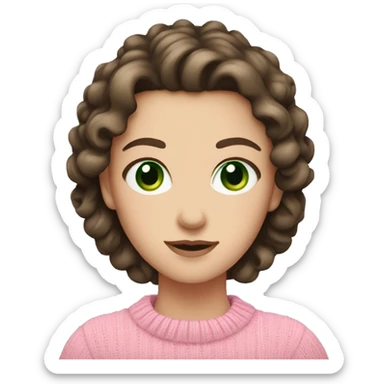 White girl with dark brown curled hair and green eyes and a pink sweater sticker
