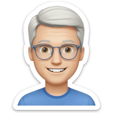 30 yr old pale white man, white/grey side swept stylish hair, round glasses, big smile, white teeth, handsome, longer hair, thin glasses, blue  shirt sticker