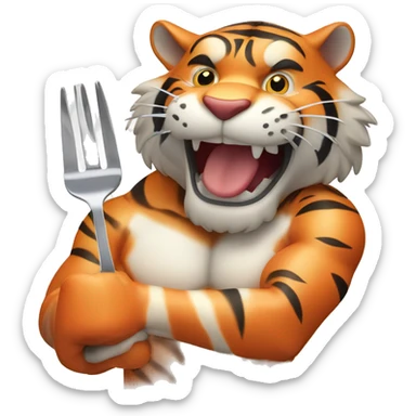 a muscular grinning tiger holding a fork poking into a fillet of salmon with the tip of its paws sticker