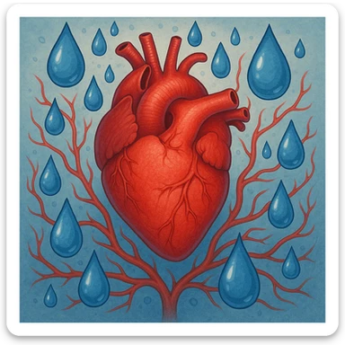 a heart surrounded by water droplets and blood vessels, representing a medication that manages blood pressure via fluid balance, therapeutic and protective feel sticker