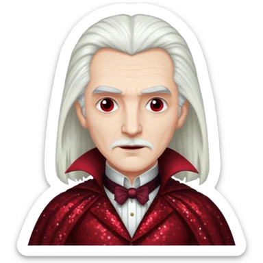 Count Dracula from Universal Monsters with long white hair, dark red sequin outfit sticker