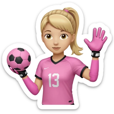 Make a dirty blonde football goalkeeper with goalkeeper gloves on holding a regular football. NOT AN AMERICAN FOOTBALK BALL. The girl is light skinned and wearing a light pink football. Wearing a ponytail with the dirty blonde. Make it without the whole body sticker