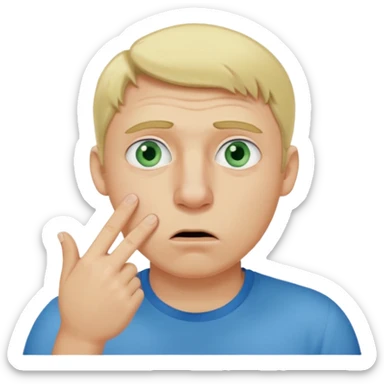 a emoji with two fingers in his nose, make him have a natural white skincolour and blonde hair, blue/green eyes, put the fingers in his nose, its a man and he needs two fingers IN his nose sticker