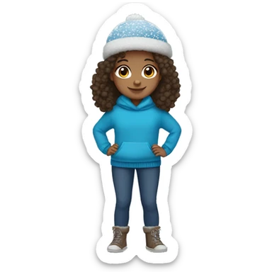 winter, christmas, hispanic, afro hair,  girl, brown eyes, child, full body, blue winter sweater, headband sticker