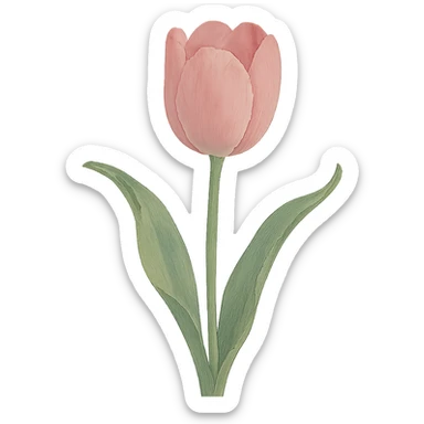 single soft pink tulip with watercolor petals, green stem, curved soft leaves, elegant hand-painted style in ghibli style sticker