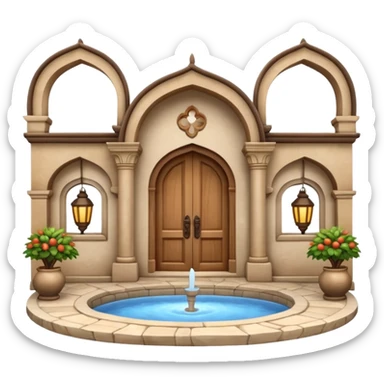 3D Apple-style emoji of a full traditional Turkish han. Rounded stone building with arched wooden doors and windows, small courtyard, fountain, arches, and hanging lanterns. Glossy, smooth, soft shadows, clean white background.






 sticker