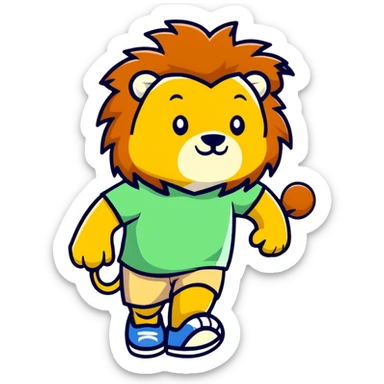 retro 1930s anthropomorphised lion in a t-shirt and shorts walking, black and white sticker