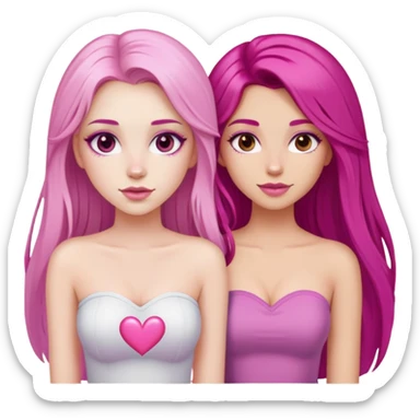 gorgeous pale girl with long magenta hair latina makeup next to a gorgeous girl with blonde hair brown eyes and a light pink heart above them both wearing tube tops sticker