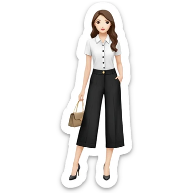 tailored palazzo pants for petite women, moderate wide leg, formal dress pants with button closure, shorter length, elegant office wear, only the garment on white background sticker