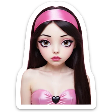 girl with white skin, dark brown long straight hair falling in front of her body, very big pouty extra shiny lips with absolutely no cupid's bow, shiny large eyes with black eyeballs and long eyelashes, lighter button nose, very long oval-shaped face, wearing a pink bandeau top with straight neckline, looking directly at camera with hands down at sides sticker