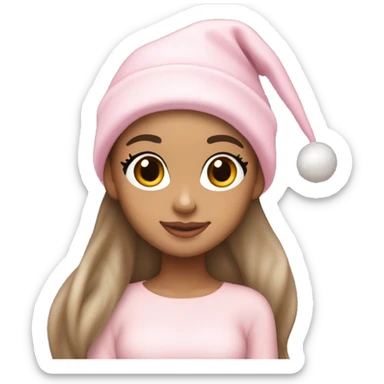 Ariana grande in a light pink christmas outfit wearing a light pink christmas hat sticker