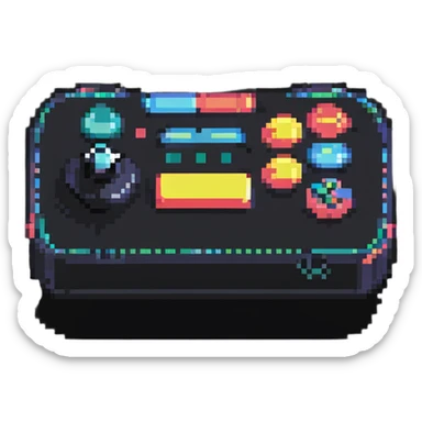 A modern fighting game joystick with multiple buttons in colorful pixel art sticker