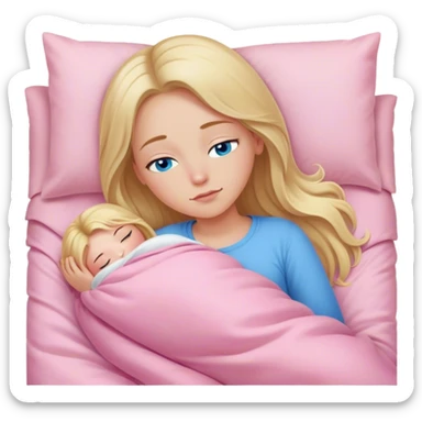 Cinematic realistic blonde with long hair, blue eyes, dressed in a pink top, sleeping in a cozy, soft bed, covered with a white duvet sticker