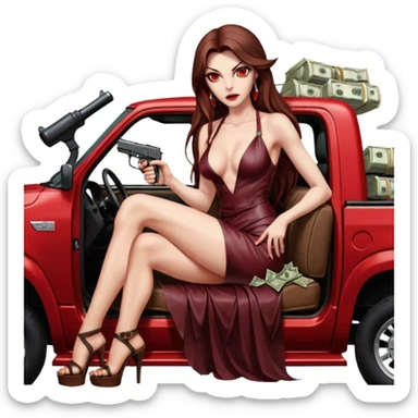 Lilith red eye seductress evil long brown haired sexy succubus woman with leather long dress with slit on, sitting in Big Large F350 pickup truck. Back seat full of stacks of cash, she is  Holding a human skull of her enemies and a gun in other hand sticker