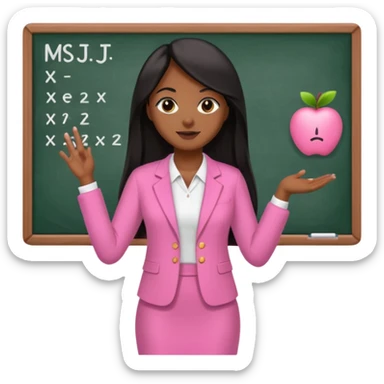 a brown skin teacher with hair with black straight long hair wearing pink not hot pink 2 piece set teaching up on a board the board says Ms. J sticker