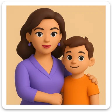 Create an image of a confident mom with a child by her side in the style of microsoft 3D fluent emojis. The style is 3D emoji, which does not support text editing, so use the general style editor to replicate the 3D emoji look. sticker