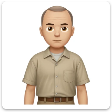 Carl from Sling Blade, serious expression, recognizable features, neutral background, full body, chin sticking out, slouching posture, no glasses, shirt with collar,  side view, the 4th image is good. show his entire body, he is standing. we see him from the side. Not frontal view. Side view sticker