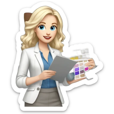 pale skin woman interior designer with cold blonde middle length hair, blue eyes, White blouse, Gray oversize jacket, Gray skirt holding a color palette in the hands sticker