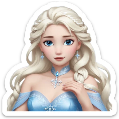 Cinematic Realistic Elsa Portrait, depicted with lifelike skin texture, soft natural lighting, and intricately detailed platinum blonde hair styled elegantly. Her striking, expressive blue eyes exude confidence and grace, complemented by a serene and regal expression. She holds a shimmering snowflake delicately in one hand, her other hand resting against her gown, embodying the power and beauty of winter. She is dressed in her signature icy attire, with shimmering fabric textures and delicate folds that catch the light beautifully. The portrait features a soft, enchanting glow with a cool, radiant finish, capturing the essence of timeless elegance in a realistic and painterly style. sticker