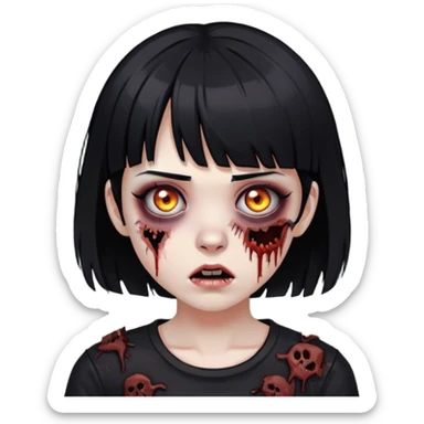 zoombie girl with black hair and short bangs wearing a destroyed black top  sticker