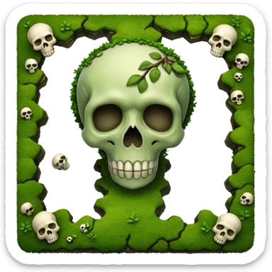 A creepy moss covered ground with skulls from a top down perspective. In the style of your bleeding skull art. In a realistic style covering the whole screen with little tint skulls sticker