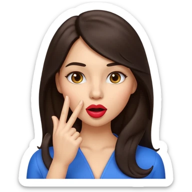 Create a glossy 3D emoji-style illustration of a glamorous brunette model inspired by Kendall Jenner (not identical), with long dark hair and defined features, making a “shh” gesture with her finger to her lips. Playful, mysterious expression, centered, transparent background. sticker