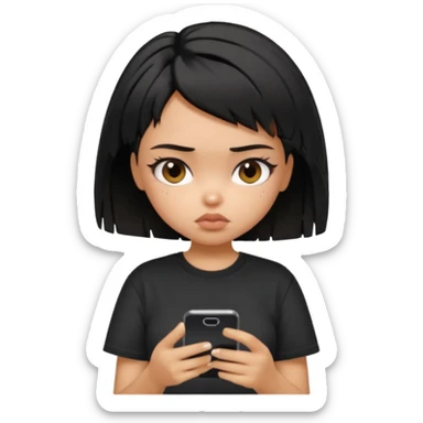 generate a pretty bratz girl with short black very messy hair, looking tired and using her phone, wearing an oversized black tshirt sticker