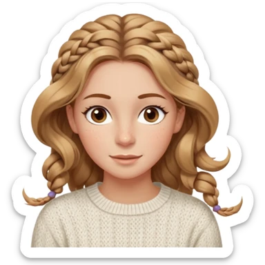 light brown hair blonde hair hazel eyes woman with a white cable knit sweater thatand one braid down her back  with tendrils of hair flowing down her face and she is happy pale, some freckles, blush. she has a cateye wing and long lashes she has eyeliner sticker