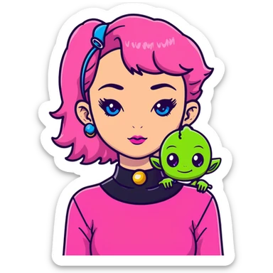 girl with blue eyes, pink makeup, narrow eyebrows, earrings, green alien head choker, black and pink blouse, curly shoulder-length hair, half hot pink half ginger, short straight baby bangs sticker
