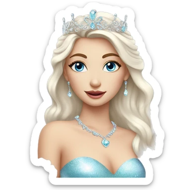 Gorgeous pastel Lady with blue eyes in a sparkly shiny dress with tiara and necklace and flowers behind her and trending  sticker
