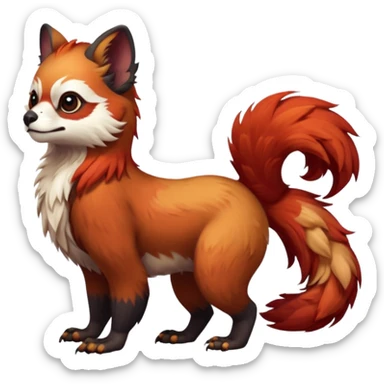 A beaked beaky 4-legged, feral, digitigrade, lanky, elegant, Gryphon-Griffin-Griff-Avian-hybrid, with Red-Panda-colors and markings, full body, cute, realism, with a long thin tufted tail, hyper-realistic  sticker