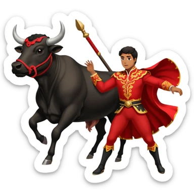 Create a realistic image of a traditional bullfighting scene in a Spanish arena.
Show a bullfighter (matador) HOLDING a red cape (muleta) not wearing one. as a powerful black bull charges toward it. sticker