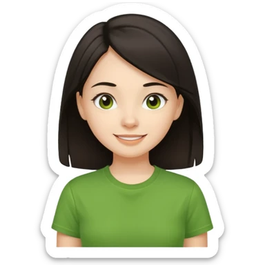 Young girl with straight, dark hair, well-groomed and pretty, wearing a green T-shirt, with a happy and lively expression. sticker