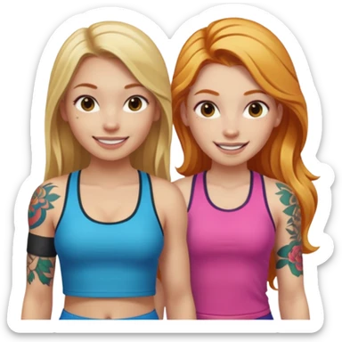 girl with long blonde hair and tattoos next to an athletic ginger girl colorful clothes sticker