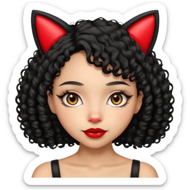 lightskin girl with black curly hair, cat ears, red lipstick sticker