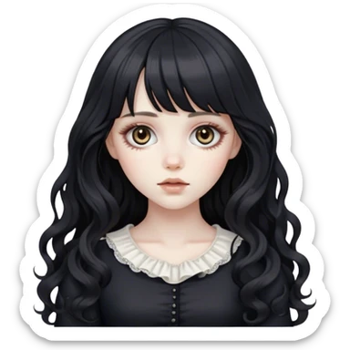 a pale white dead feminine girl with long black wavy hair and bangs with big light brown eyes looking like a porcelain doll in black clothes sticker