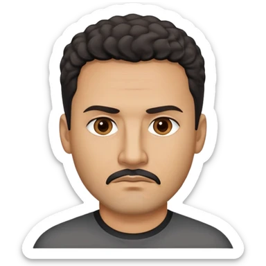 Hispanic man in his late 40s with tan skin. Square face with defined jawline. Serious expression with focused dark eyes. Black goatee with some gray. Short curly dark hair. Professional demeanor. Wearing a black shirt. sticker
