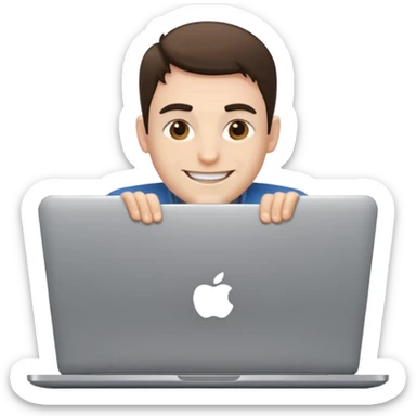 man with a laptop, grinning but with a serious expression sticker