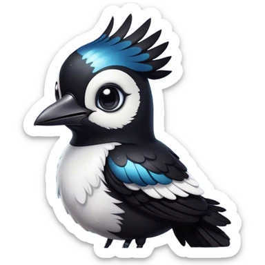 Cinematic Cute Magpie Portrait Emoji, Head tilted playfully and inquisitively, featuring a compact, elegant form with glossy, contrasting black and white feathers and round, sparkling eyes full of playful charm, Simplified yet irresistibly adorable features, highly detailed, glowing with a warm, inviting glow, high shine, affectionate and lively, stylized with a touch of whimsical urban flair, soft glowing outline, capturing the essence of a mischievous yet endearing magpie that seems as if it could flit out of the screen into your arms! sticker